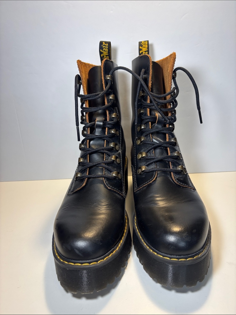 Dr. Martens Black Leather Lace-Up Platform Boots with Yellow Accents